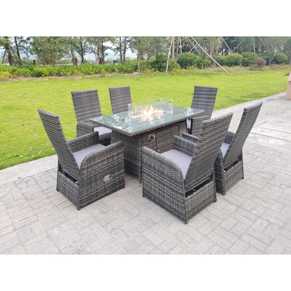 Fimous Rattan Garden Furniture Gas Fire Pit Rectangle Oblong Dining Table And Chairs 6 Seater