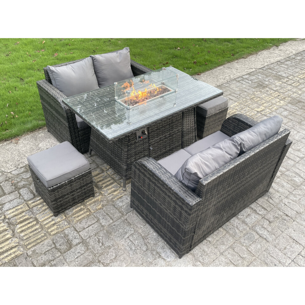 Fimous Rattan Outdoor Furniture Gas Fire Pit Rectangle Dining Table 6 Seater