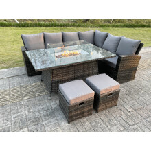 Fimous High Back Rattan Garden Furniture Sets Gas Fire Pit Dining Table Set 8 Seater