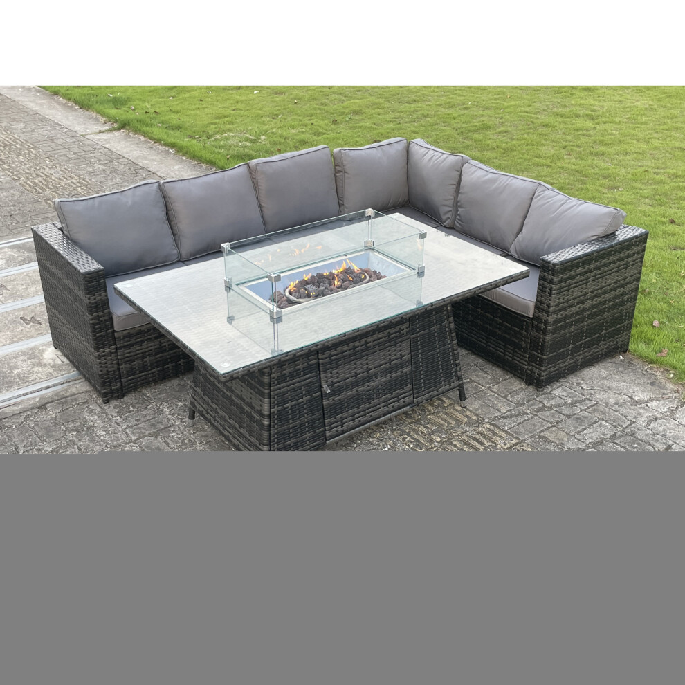 Fimous Outdoor Rattan Garden Corner Sofa Garden Furniture Gas Fire Pit Table Sets 6 Seater