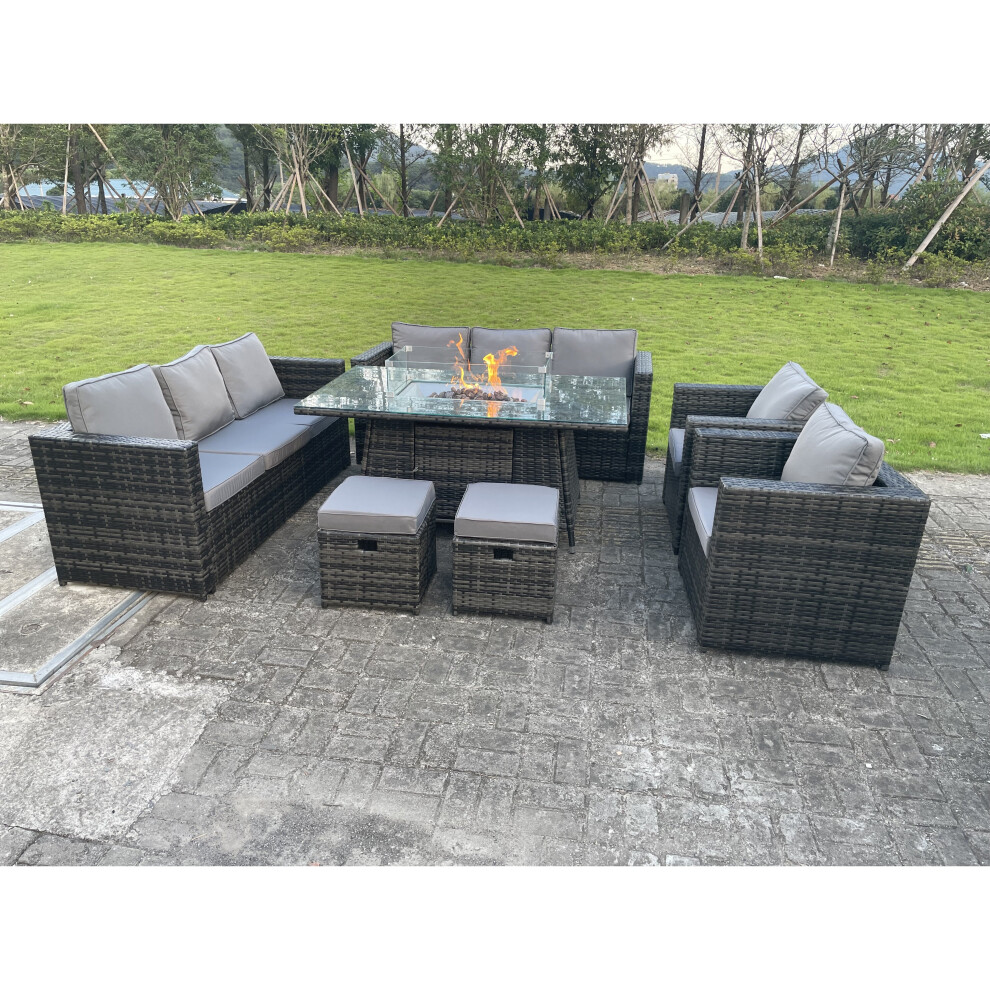 Fimous Rattan Garden Furniture Gas Fire Pit Dining Table Sets Chairs Small Footstools 10 Seater