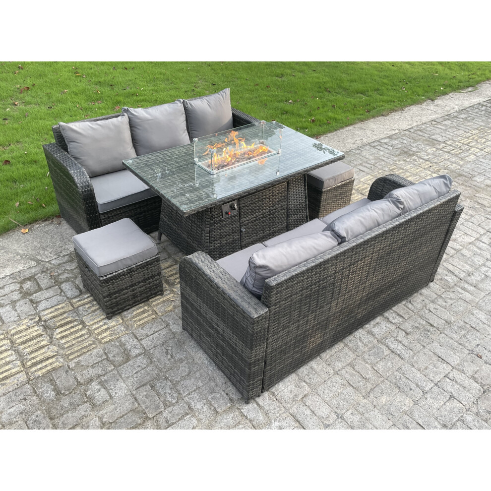 Fimous Rattan Outdoor Furniture Gas Fire Pit Rectangle Dining Table Footstools 8 Seater