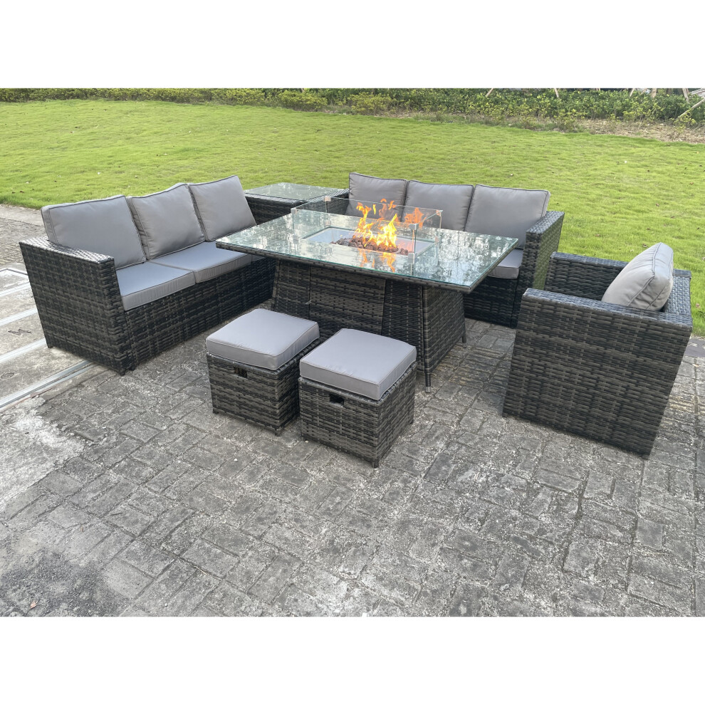 Fimous Rattan Garden Furniture Gas Fire Pit Dining Table Gas Heater Sets Lounge Chairs 9 Seater