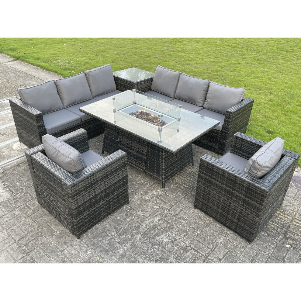 Fimous Rattan Garden Corner Furniture Gas Fire Pit Dining Table Gas Heater Set Side Table 8 Seater