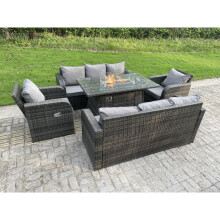 Fimous Rattan Outdoor Furniture Gas Fire Pit Table Gas Heater Adjustable 8 Seater