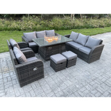 Fimous Outdoor Rattan Garden Furniture High Back Sofa Set Fire Pit Dining Table10 Seater