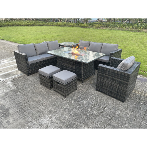 Fimous Rattan Garden Furniture Gas Fire Pit Dining Table Gas Heater Sets Lounge Chairs 9 Seater 6834