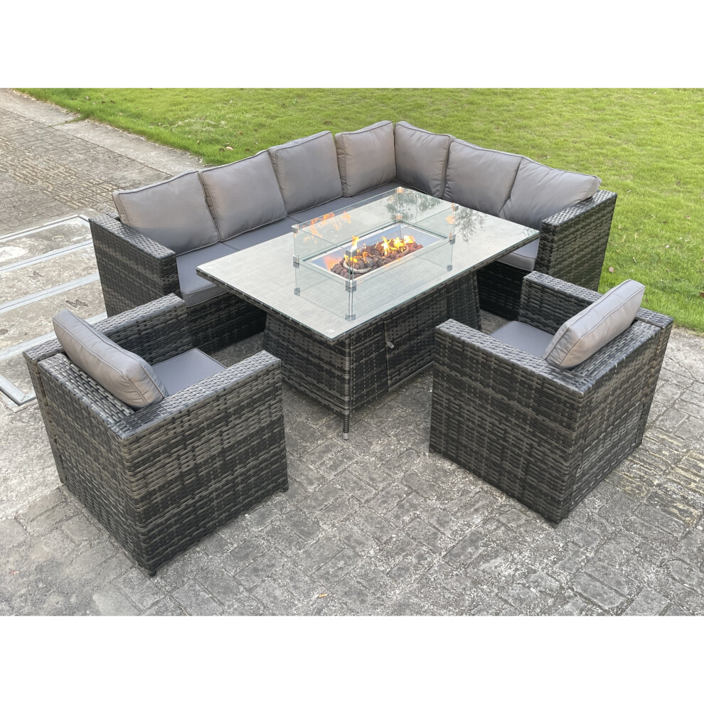 Fimous Rattan Garden Furniture Corner Sofa Outdoor  Burner Gas Fire Pit Table Set 8 Seater