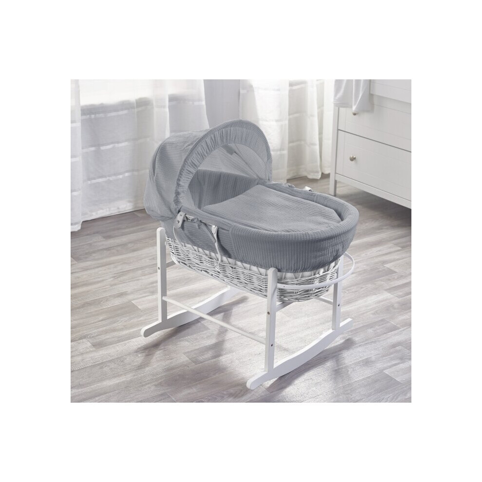 Grey Waffle White Wicker Moses Basket with Chester Rocking Stand