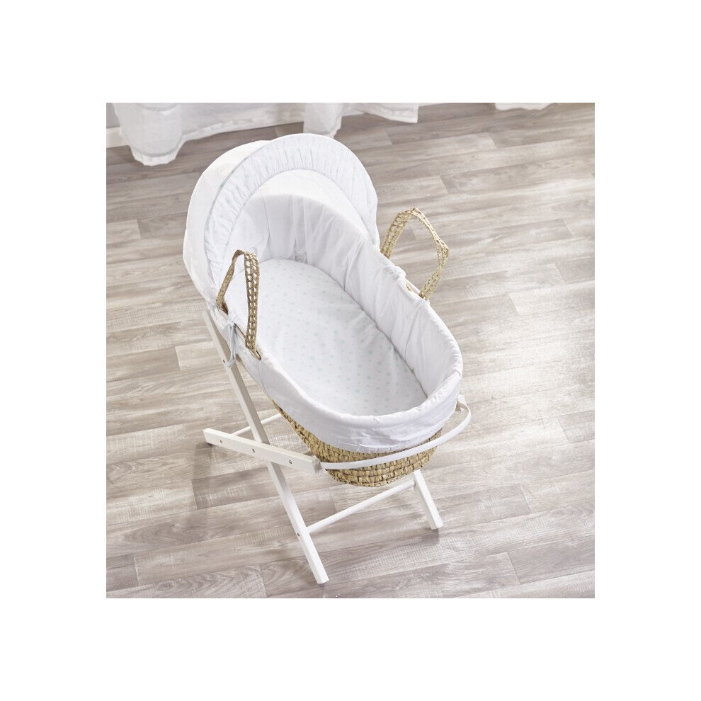 Little Star Mint Palm Moses Basket with Folding Stand White