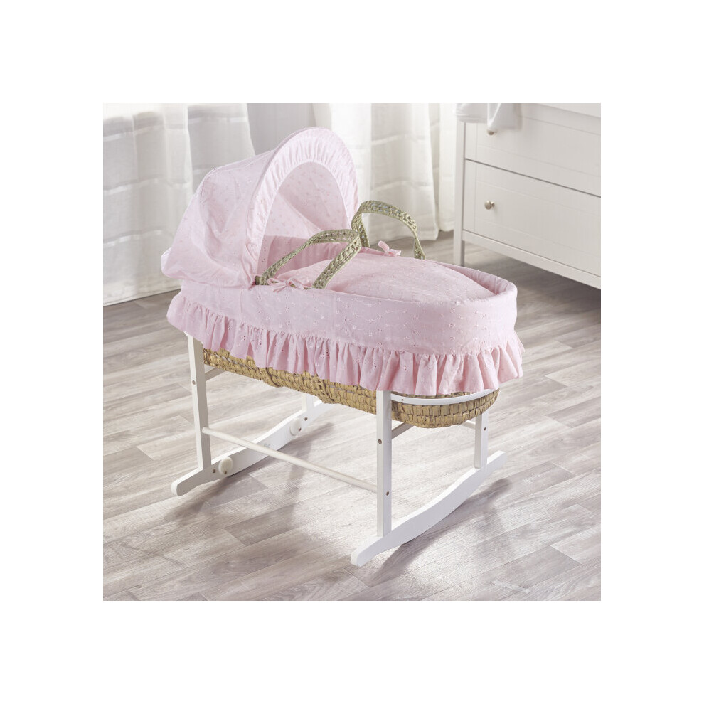 BA Girls Pink Palm Moses Basket with White Rocking Stand