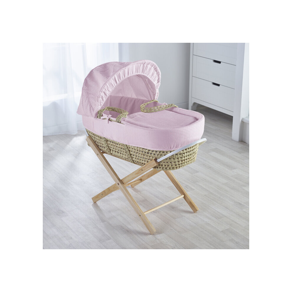 Girls Pink Waffle Moses Basket with Natural Opal Folding Stand