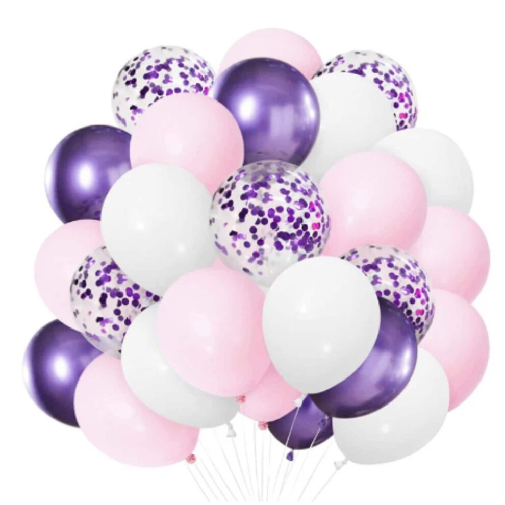 10 Pink, White and Purple Confetti Balloons 12 inch