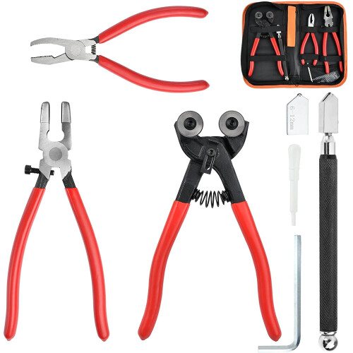 Glass Mosaic Cutter Kits with Wheeled Glass Tile Nipper, Glass Running Plier, Breaking Plier, Hex Wrench and Pencil Style Oil Feed Glass Cutting Tool,