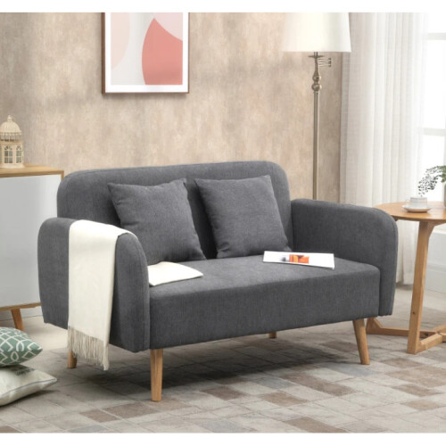 Small Grey Sofa 2 Seater Double Couch Retro Loveseat Modern Compact Fabric Seat