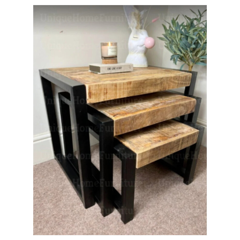 Nest of 3 Tables Industrial Vintage Side End Coffee Table Rustic Solid Wood