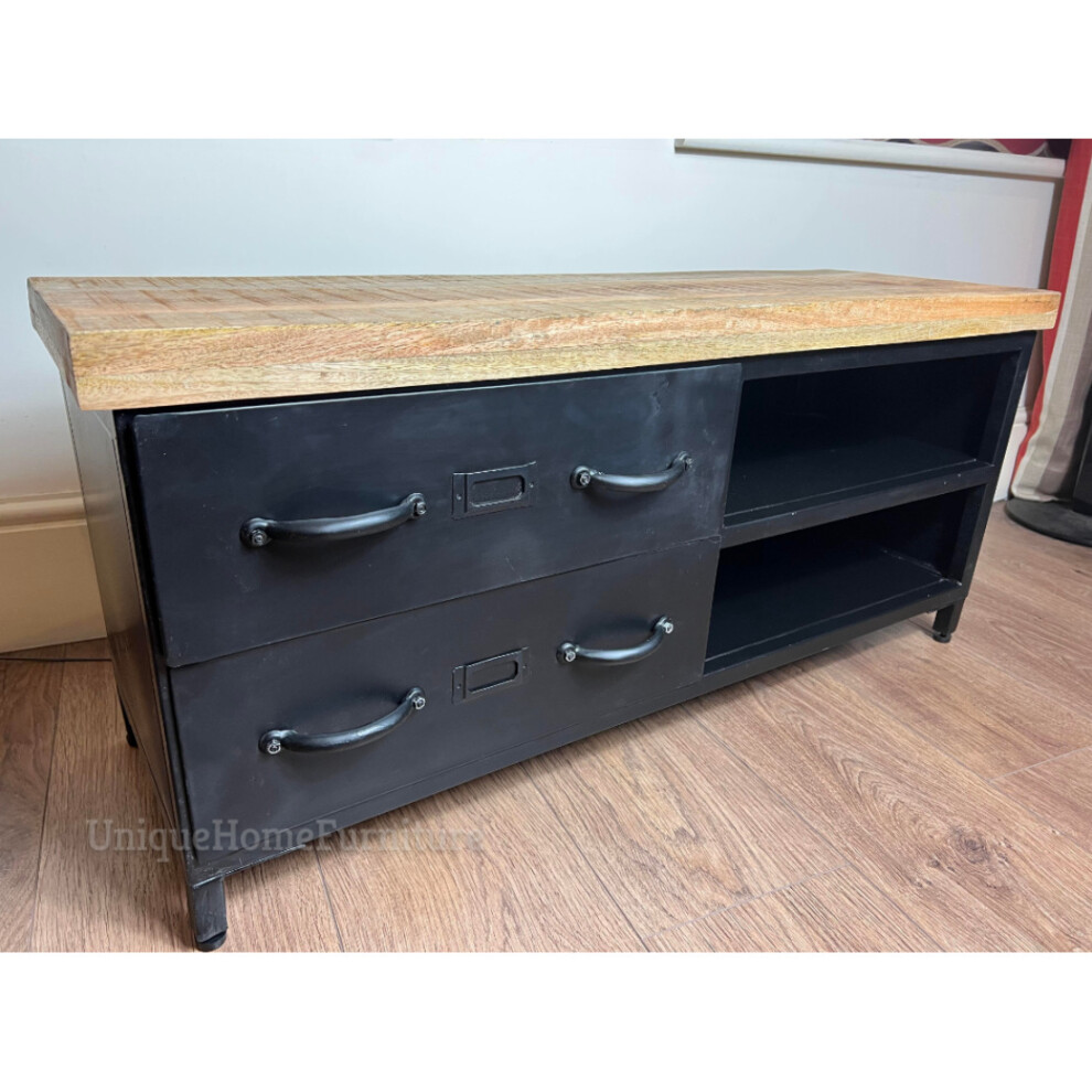 Metal TV Stand Vintage Industrial Media Unit Black Storage Shelf Cabinet
