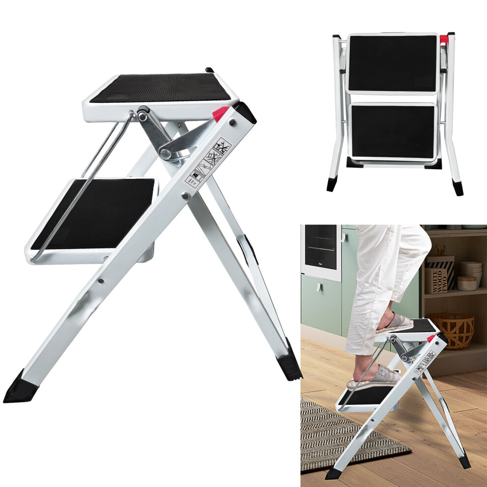 2 Step Ladder Steel Stool Folding Heavy Duty with Anti-Slip Feet Wide Pedal for Housework Office Home