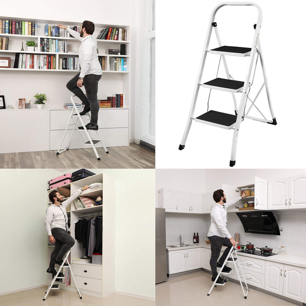 (3 Steps) Step Ladder Foldable Stepladder with Anti-Slip Feet for Kitchen Home Office Metal Steel Ladder