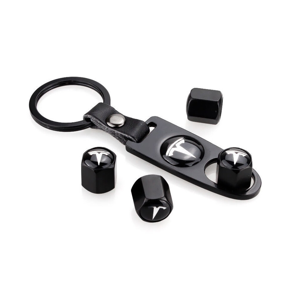 Tesla Wheel Tire Cap Air Valve Stem Cover With Belt Keychain (Black) Black 5701510963179