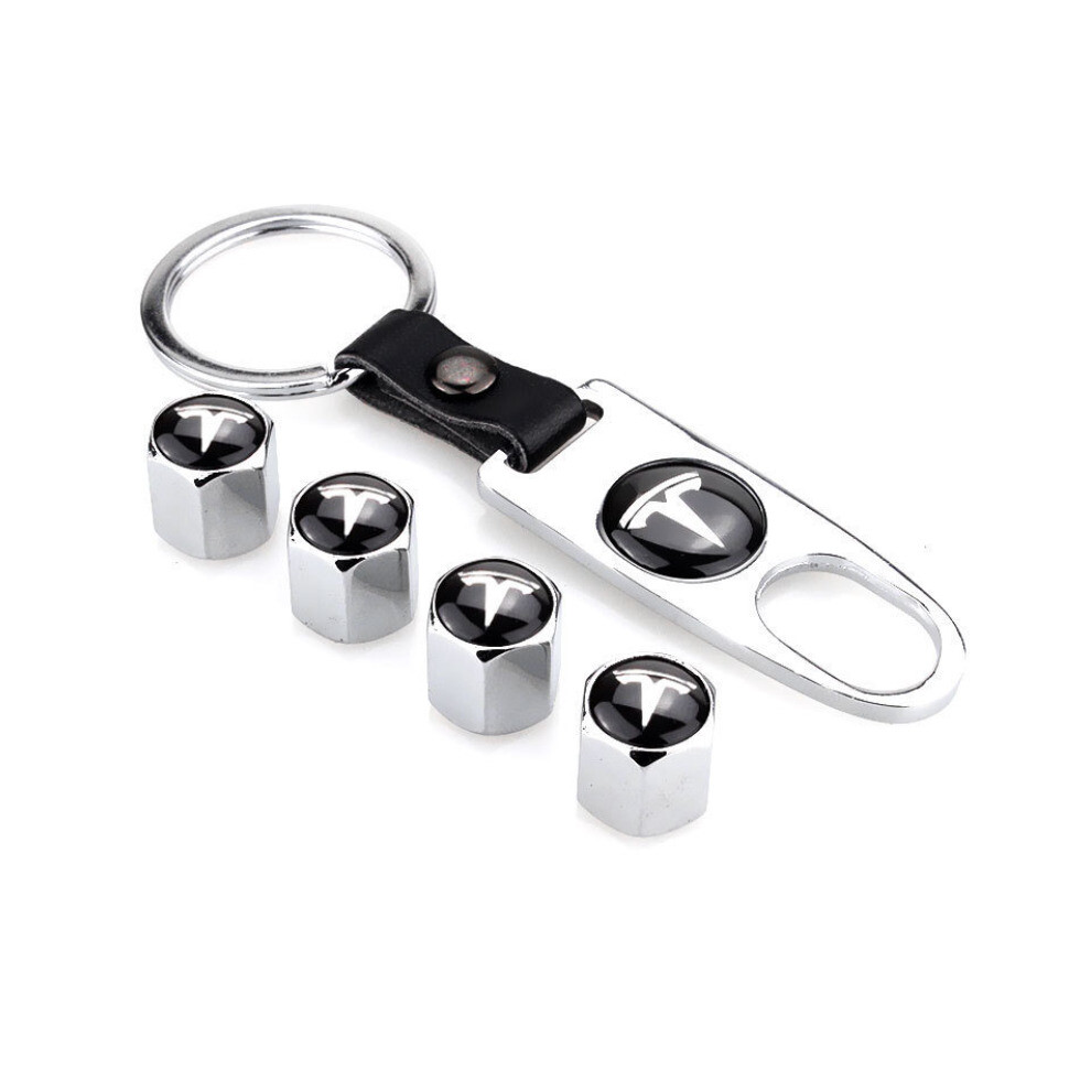 Tesla Wheel Tire Cap Air Valve Stem Cover With Belt Keychain (Silver) Silver 5701510963186