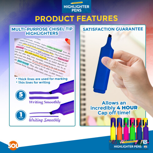 SOL (3pk x 4) 8/12 Highlighter Pens in Handy Wallets 4 Colours 2