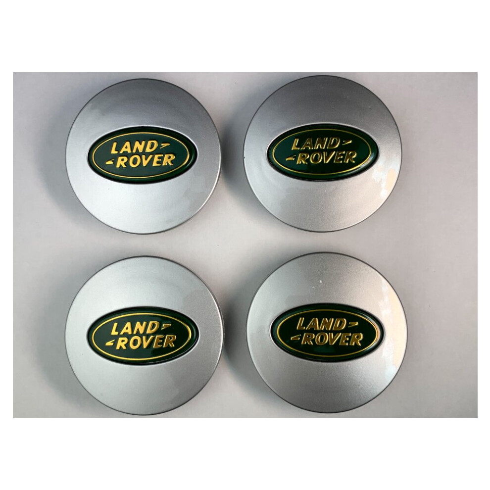 Set of 4 Silver & Green Land Rover alloy wheel caps 63mm