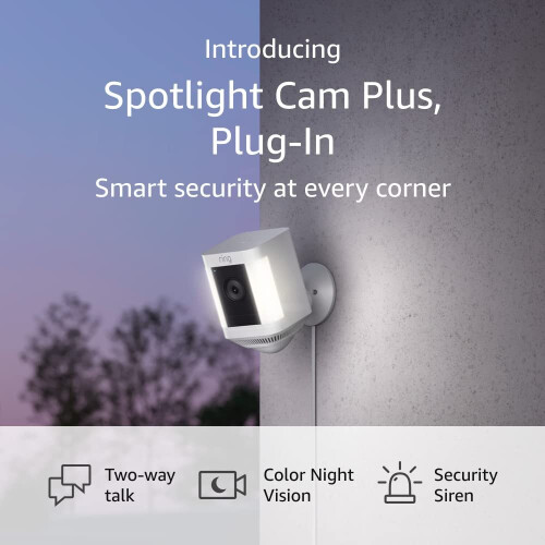 Ring Introducing Ring Spotlight Cam Plus, Plug-in | Two-Way Talk, Color Night Vision, and Security Siren (2022 release) - White