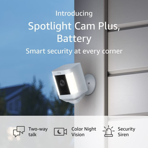 Ring Ring Spotlight Cam Plus (Battery-Powered) - Two-Way Talk, Color Night Vision & Security Siren, White
