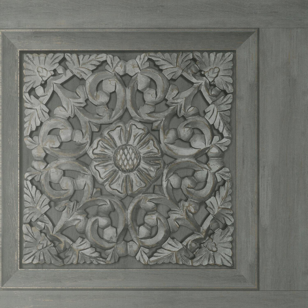 Fine Decor Carved Wood Panel Dark Grey Wallpaper Modern Floral Contemporary
