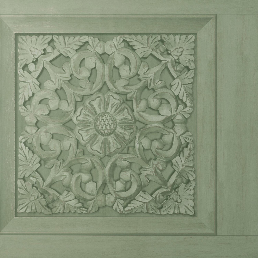 Fine Decor Carved Wood Panel Sage Green Wallpaper Modern Floral Contemporary