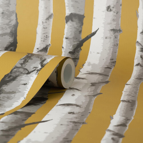 Fine Decor Fine Decor Birch Trees Mustard Wallpaper Modern Contemporary Paste The Wall 1