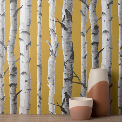 Fine Decor Fine Decor Birch Trees Mustard Wallpaper Modern Contemporary Paste The Wall 2