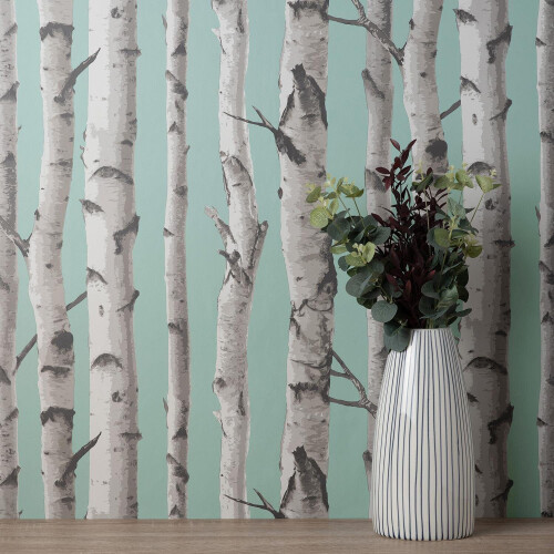 Fine Decor Fine Decor Birch Trees Duck Egg Wallpaper Modern Contemporary Paste The Wall 2