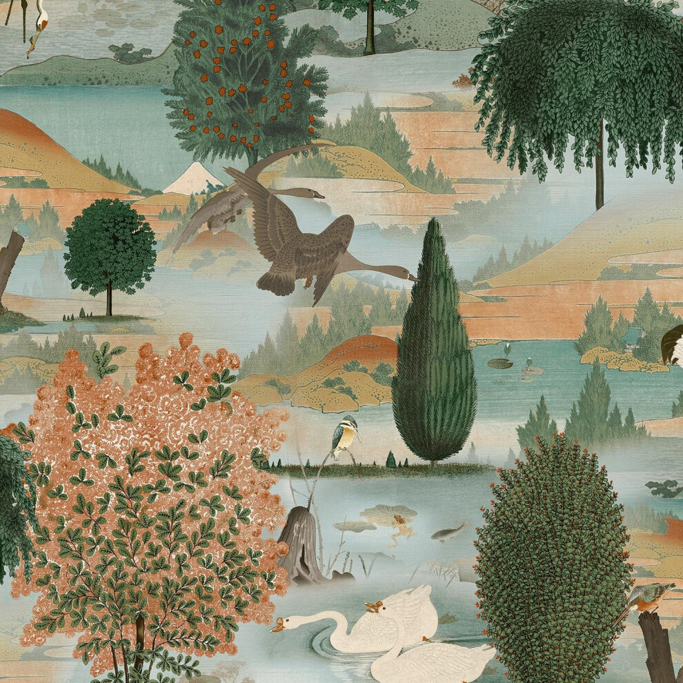 Holden Decor Swan Lake Wallpaper Floral Wildlife Scenic Modern Orange/Green