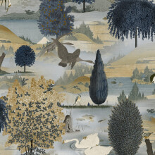Holden Decor Swan Lake Navy Ochre Wallpaper Floral Wildlife Scenic Modern