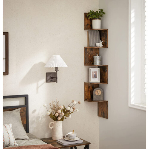 Rustic Shelving Unit Wall Floating Bookcase Corner Vintage Wood Storage Display 2