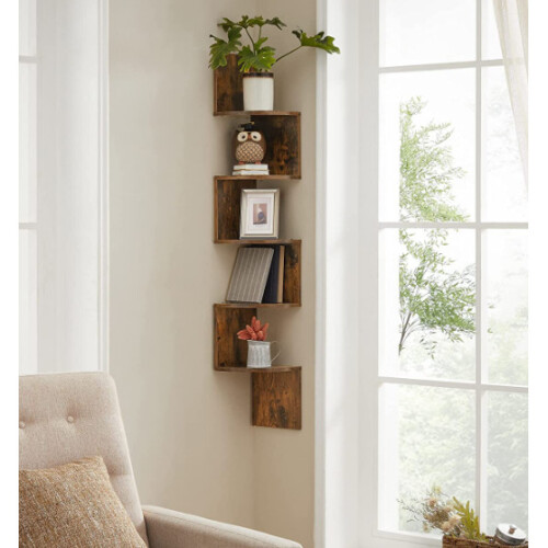 Rustic Shelving Unit Wall Floating Bookcase Corner Vintage Wood Storage Display