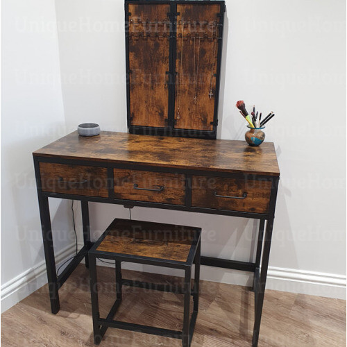 Industrial Dressing Table Bedroom Vanity Unit Vintage Retro Stool Large Mirror 1