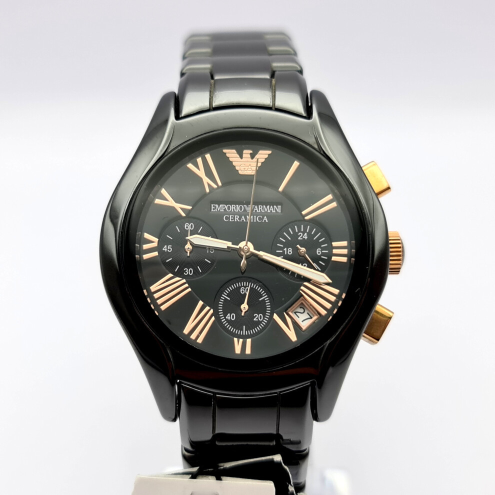 NEW EMPORIO ARMANI AR1411 CERAMIC ROSE GOLD & BLACK TONE LADIES WATCH