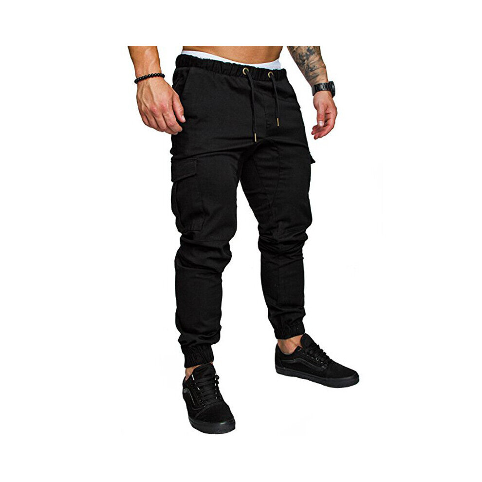 (Black, L) UK Mens Elasticated Waist Cargo Combat Work Trousers Joggers Pocket Cuffed Pants