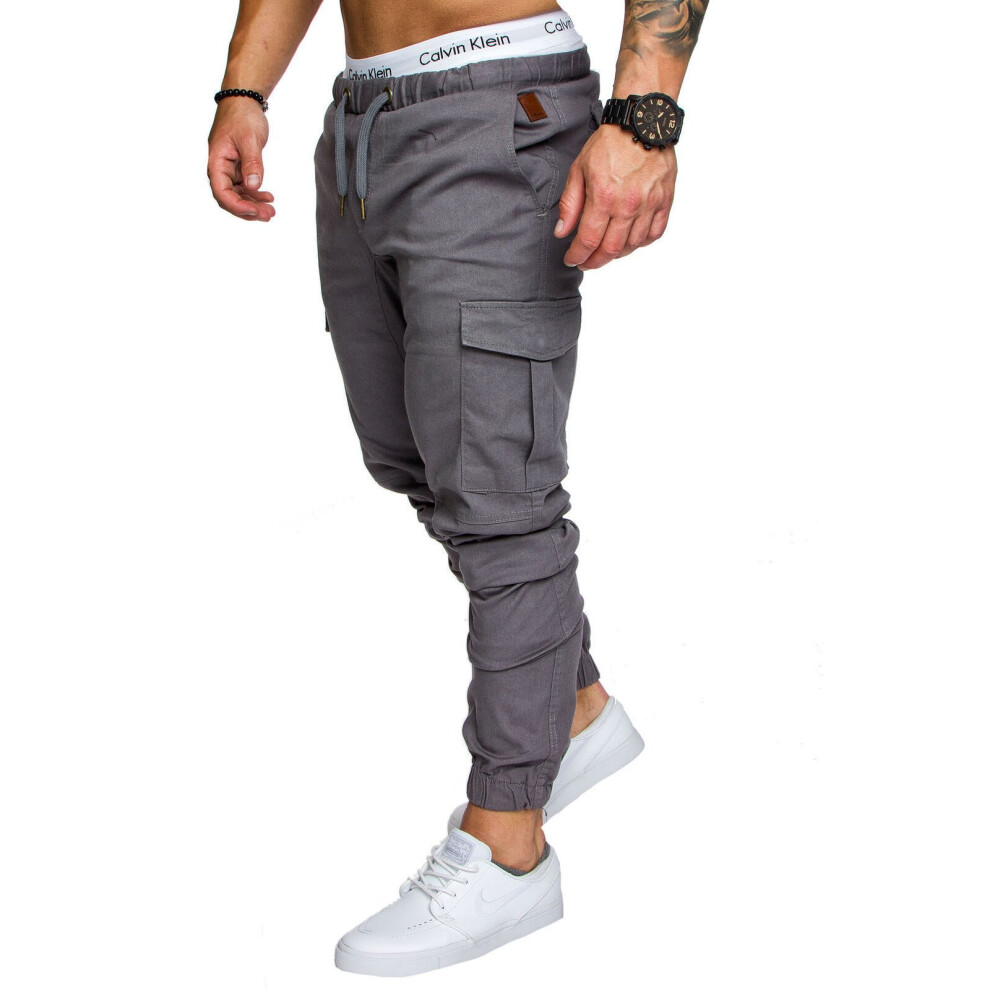 (Grey, L) UK Mens Elasticated Waist Cargo Combat Work Trousers Joggers Pocket Cuffed Pants