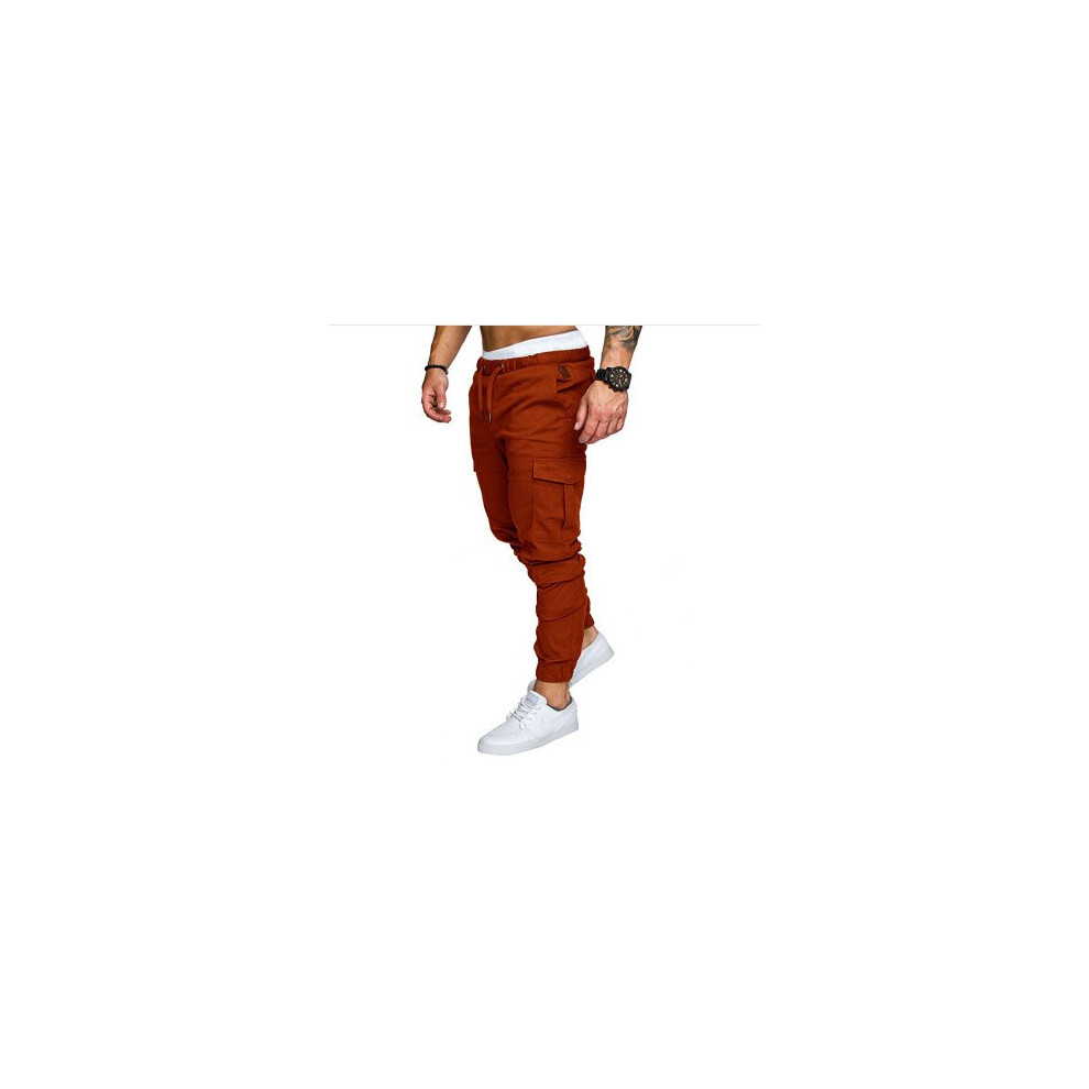 (Coffee, M) UK Mens Elasticated Waist Cargo Combat Work Trousers Joggers Pocket Cuffed Pants