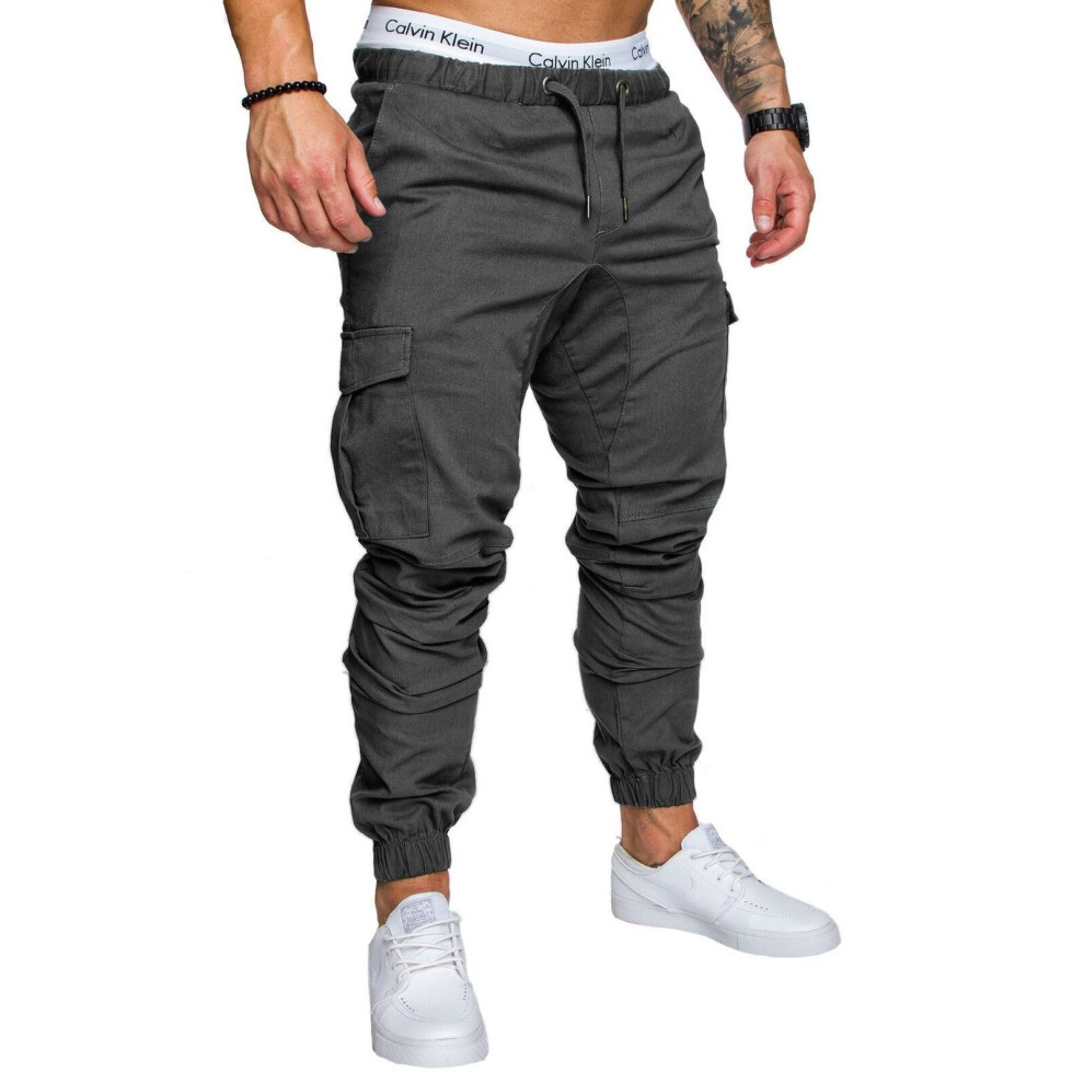 (Dark Grey, XL) UK Mens Elasticated Waist Cargo Combat Work Trousers Joggers Pocket Cuffed Pants