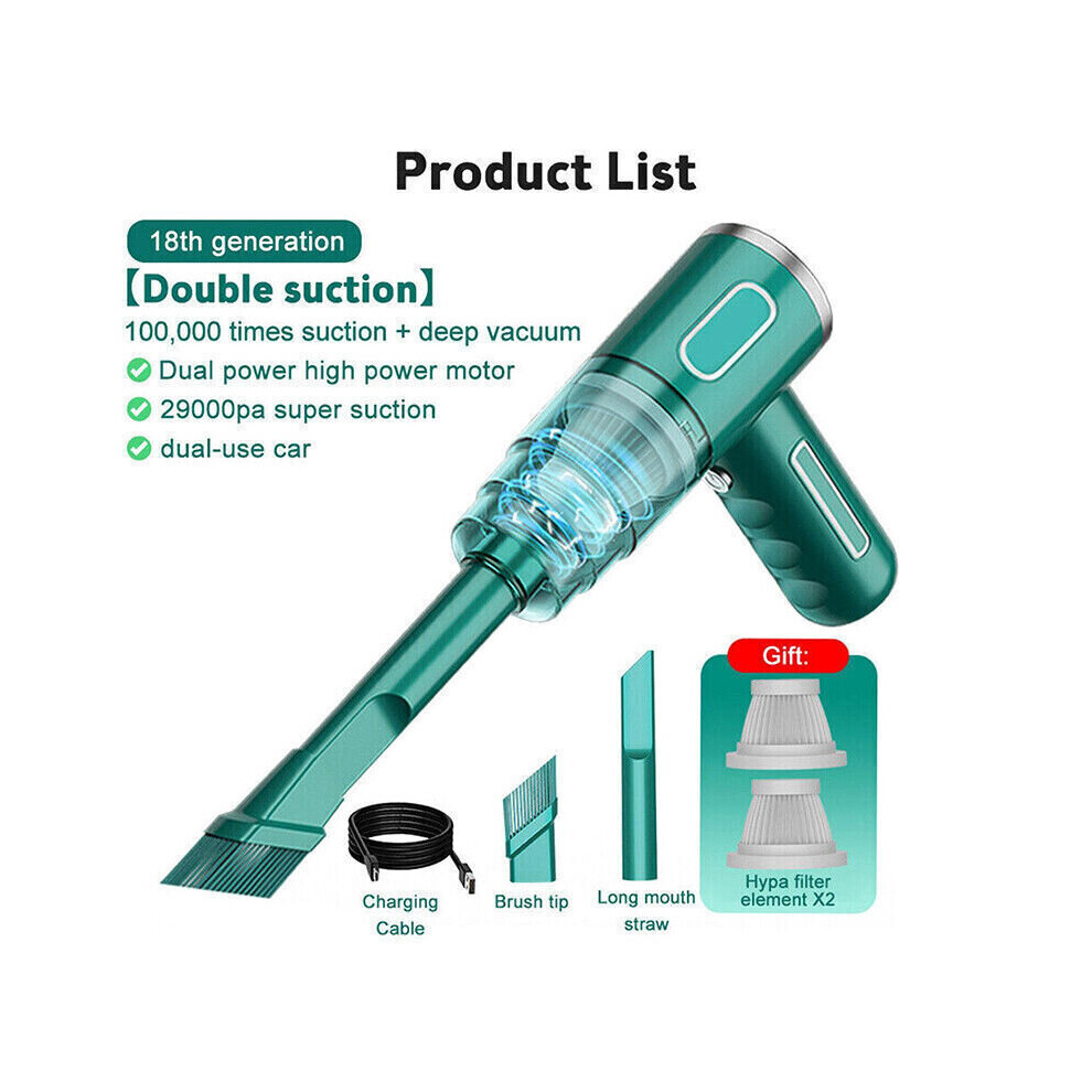 (  29000PA-Green) 29000PA Car Vacuum Cleaner Mini Powerful Cordless Wet &Dry Cars Handheld Home