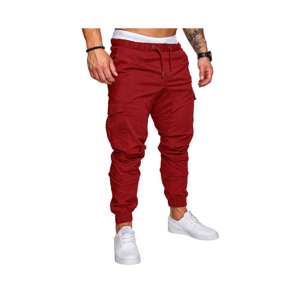 (Red, M) UK Mens Elasticated Waist Cargo Combat Work Trousers Joggers Pocket Cuffed Pants