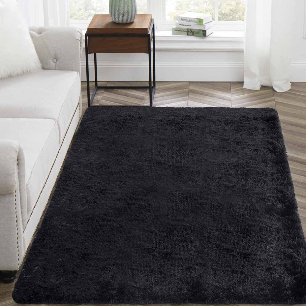 (Black, 80 X 150 cm) Fluffy Rugs Anti-Slip Large Shaggy Rug Super Soft Mat Living Room Bedroom Carpet