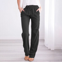 (Black, XXL=UK 18) Women Cotton Linen Plain Trousers Pants Ladies Elastic Waist Bottoms Trousers