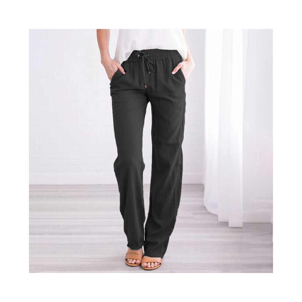 (Black, XXL=UK 18) Women Cotton Linen Plain Trousers Pants Ladies Elastic Waist Bottoms Trousers