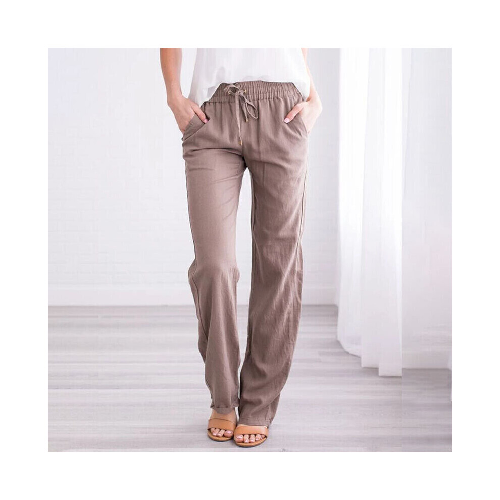 (Khaki, 3XL=UK 20) Women Cotton Linen Plain Trousers Pants Ladies Elastic Waist Bottoms Trousers